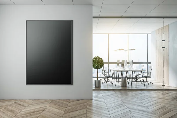 Modern Coworking Office Interior City View Blank Black Poster Equipment — Stock Photo, Image