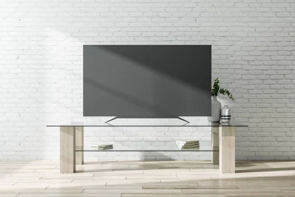 Pantalla Negra Con Muebles Sobre Fondo Pared Ladrillo Concepto Televisión — Foto de Stock