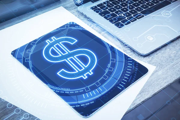 Close Creative Glowing Dollar Sign Tablet Office Desktop Background Hologram — Stock Photo, Image