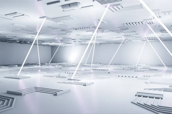 ネオン光線や装飾的な要素とプレゼンテーションのための光の大きなホールのパースペクティブビュー 3Dレンダリング — ストック写真