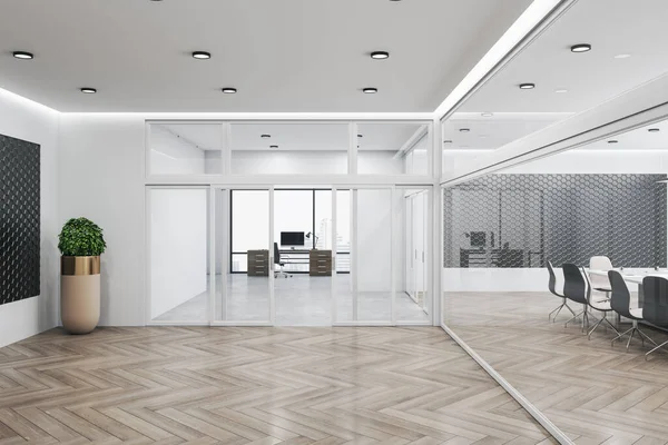 Moderno Interior Oficina Sala Reuniones Vidrio Con Vista Ventana Ciudad — Foto de Stock