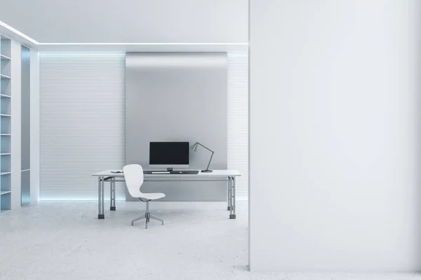 在现代的白色办公室内部的办公桌上 有一个空的黑色计算机监视器 有日光 墙上有一个空的模拟位置 模特儿 3D渲染 — 图库照片