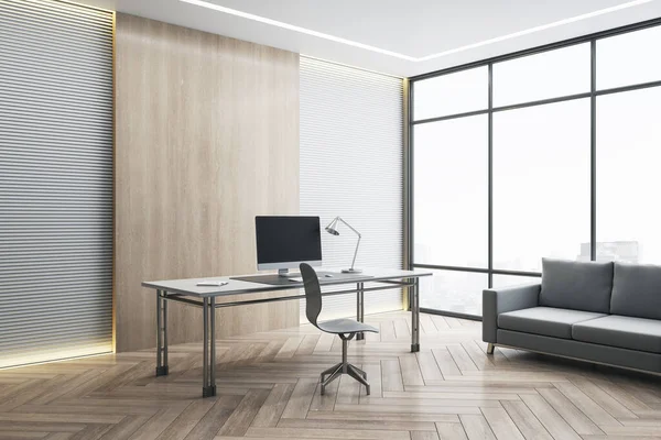 Table Empty Black Computer Monitor Modern White Office Interior Daylight — стоковое фото
