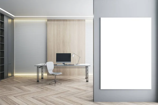 在现代的白色办公室内部配备了空的黑色计算机显示器的台面 配备了日光 木制地板和墙上的空海报 模特儿 3D渲染 — 图库照片