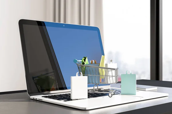 Close up of desktop with laptop and tiny shopping carts on keaybord. Blurry window with city view background. Online shopping and commerce concept. 3D Rendering