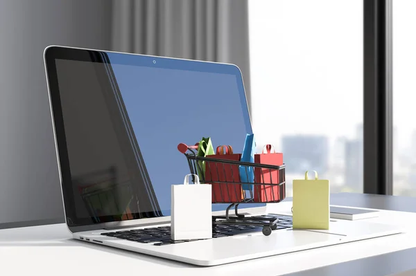 Close Workplace Laptop Tiny Shopping Carts Keaybord Blurry Window City — Stock Photo, Image