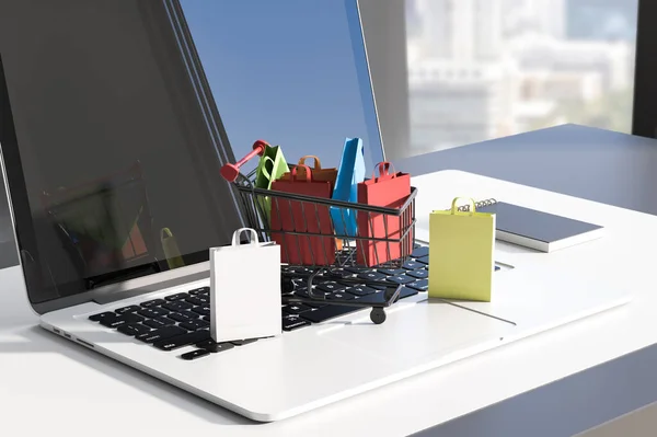 Close up of desktop with notebook and tiny shopping carts on keaybord. Blurry window with city view background. Online shopping and commerce concept. 3D Rendering