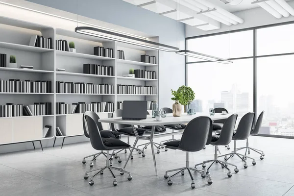 Sunny spacious meeting hall with big library with books, white table surrounded by black chairs on concrete floor and city view from big window. 3D rendering