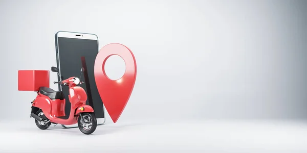 Fast Delivery Package Concept Red Scooter Trunk Pin Point Smartphone — Stockfoto
