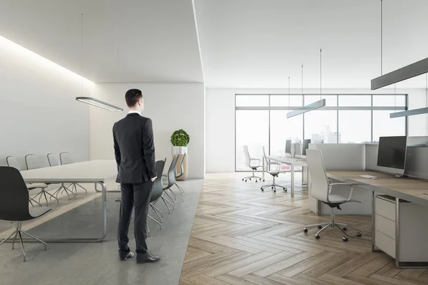 Pensive Young Businessman Suit Standing Wooden Coworking Meeting Room Interior — Stockfoto