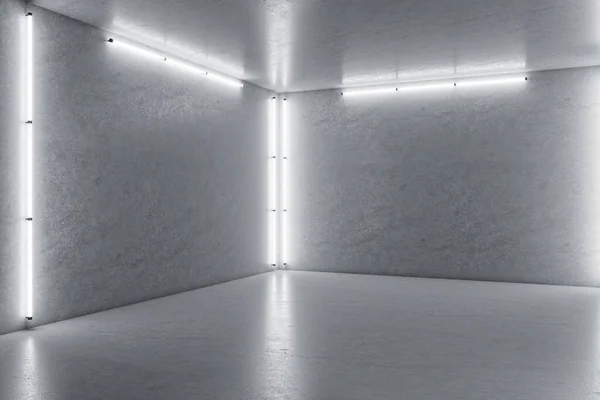Perspectief Uitzicht Lege Expositieruimte Met Betonnen Wanden Vloer Neonlampen Weergave — Stockfoto
