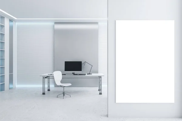 在现代的白色办公室内部的办公桌上 有一个空的黑色计算机监视器 上面有日光和空白的海报 模特儿 3D渲染 — 图库照片
