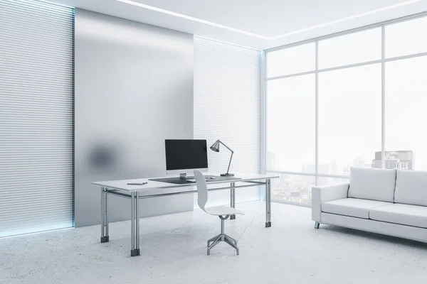 Desktop Empty Black Computer Monitor Modern White Office Interior Daylight — Stock Photo, Image