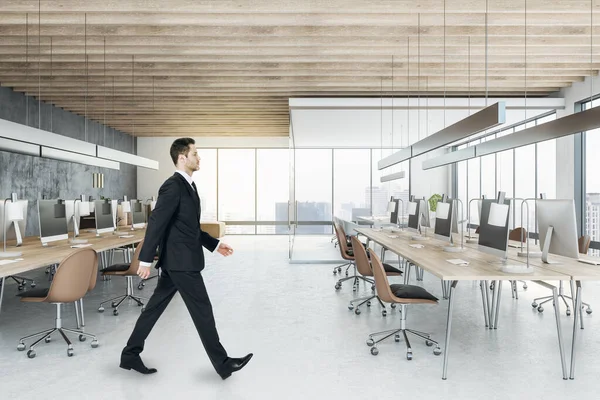 Businessman Suit Walking Wooden Coworking Meeting Room Interior Daylight Furniture — Stock Photo, Image