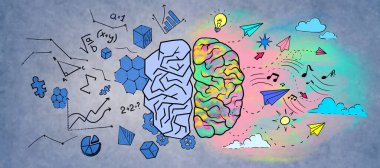 Colorful business sketch on wall background. Left and right human brain concept clipart