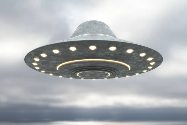 Creative Grey Ufo Flying Blurry Dull Sky Mockup Place Spaceship — Stock Photo, Image