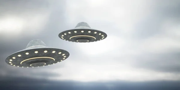 Ufo Grigi Che Volano Cielo Sordo Con Posto Finto Nave — Foto Stock