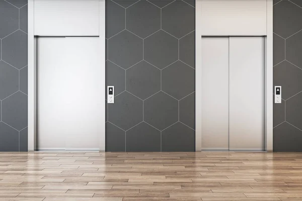 Interior Lobi Kantor Modern Dengan Lift Baja Lantai Kayu Dan — Stok Foto