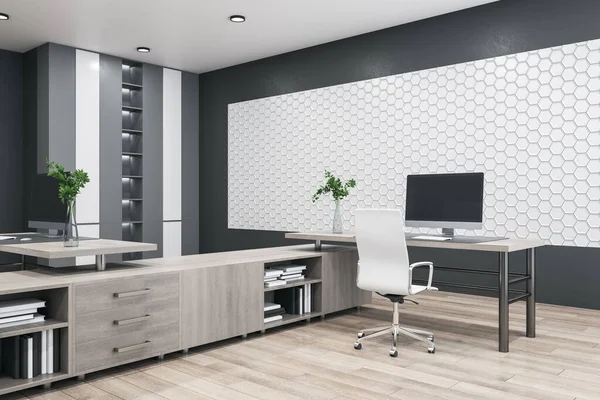 Moderno Interior Oficina Coworking Brillante Con Suelos Madera Luz Del —  Fotos de Stock