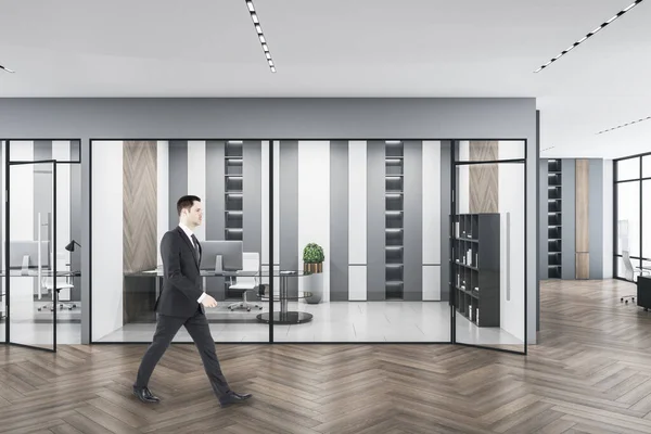 Businessman Walking Modern Concrete Glass Office Interior Daylight Equipment Wooden — 스톡 사진