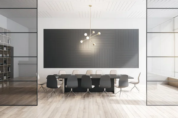 Modern conference room interior with large table, wooden flooring, equipment, glass windows and sunlight. 3D Rendering