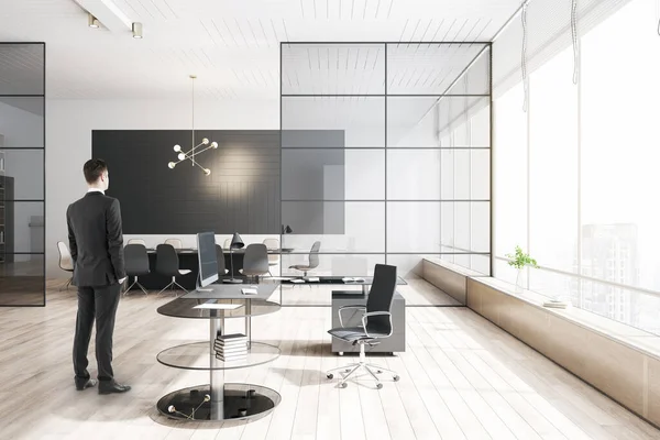 Thoughtful Businessman Standing Meeting Room Interior Large Table Wooden Flooring — 스톡 사진