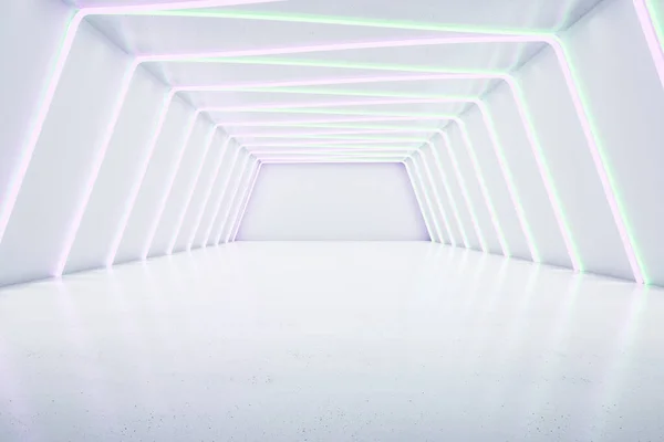 Interior Futurista Branco Com Luzes Néon Conceito Design Renderização — Fotografia de Stock