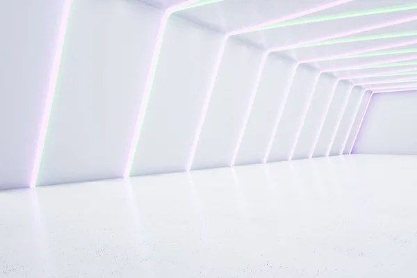 Quarto Futurista Branco Interior Com Luzes Néon Conceito Design Renderização — Fotografia de Stock