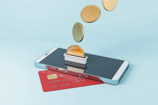 Creative image of smartphone with credit card and abstract coins on blue background. Cash back and digital banking concept. 3D Rendering