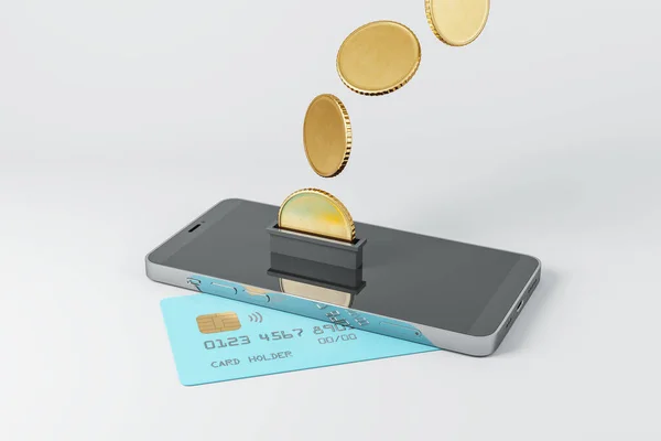 Immagine Creativa Smartphone Con Carta Credito Monete Astratte Sfondo Bianco — Foto Stock