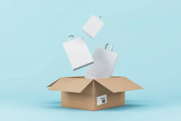 Caja Cartón Con Bolsas Compras Sobre Fondo Azul Servicio Entrega — Foto de Stock