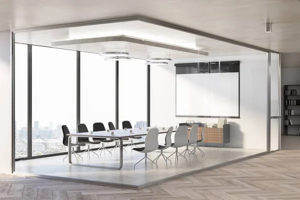 Glass Meeting Room Interior Furniture Equipment Empty Mock Presentation Posters — Stock Photo, Image