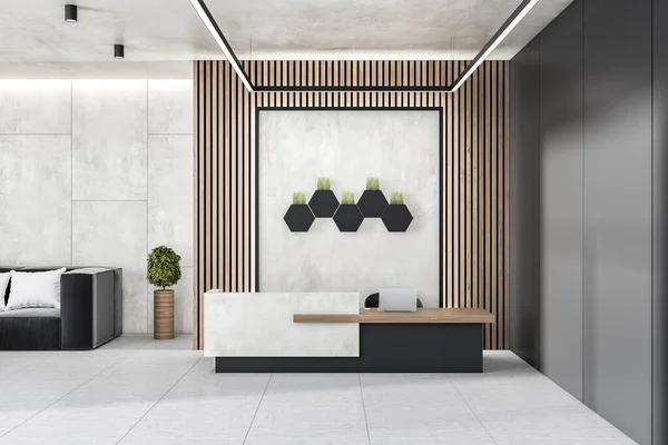 Modern Beton Ahşap Ofis Lobisi Resepsiyon Masası Dizüstü Bilgisayar Dekoratif — Stok fotoğraf