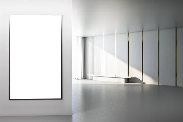 Modern Bright Concrete Interior Empty White Mock Banner Wall Bench — 图库照片