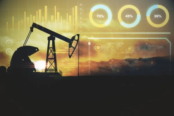 Creative oil pump jack and business chart on sunset background. Gasoline production growth concept. 3D Rendering