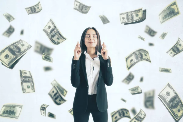 Attractive Young European Businesswoman Corssed Fingers Standing White Background Dollar — Stockfoto