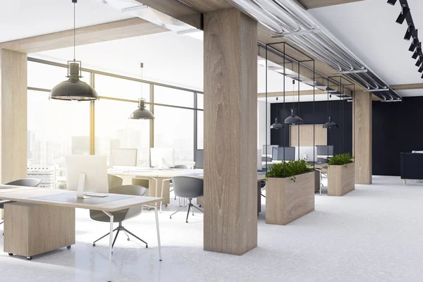 Bright Coworking Office Interior Plants Decorative Wooden Planters Window City — 스톡 사진