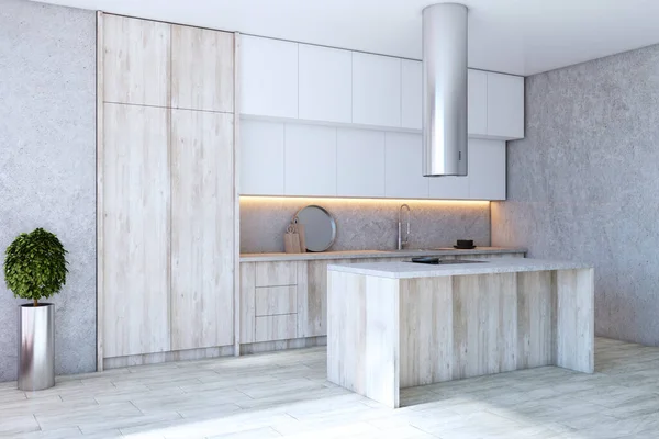 家具や日光付きのモダンな木製キッチンインテリア 3Dレンダリング — ストック写真