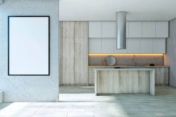 空の白いフレームと日光とモダンな木製のキッチンインテリア モックアップ 3Dレンダリング — ストック写真