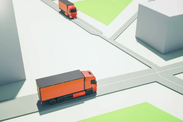 Bright 3D Rendering route with orange lorry vehicles. Delivery and cargo concept
