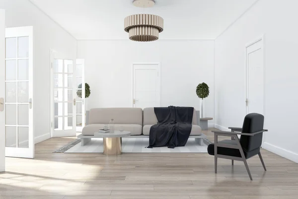 Modern White Living Room Interior Furniture Wooden Floor Sofa Pillows — 스톡 사진