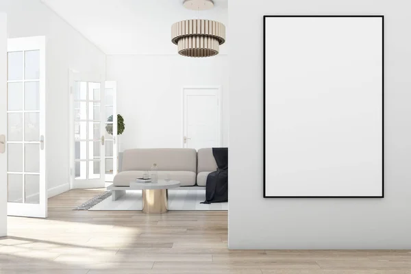 Modern White Living Room Interior Empty Mock Poster Furniture Wooden — 스톡 사진