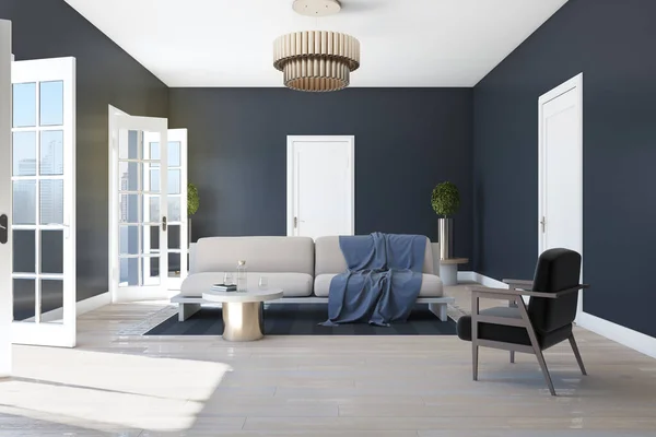 Modern Blue Living Room Interior Furniture Wooden Floor Sofa Pillows — 스톡 사진