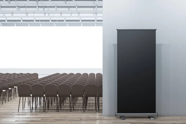 Contemporary Auditorium Interior Seating Wooden Flooring Empty Mock Poster Wall — 스톡 사진