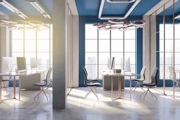 Interior Moderno Oficina Coworking Hormigón Azul Con Vista Ciudad Muebles — Foto de Stock
