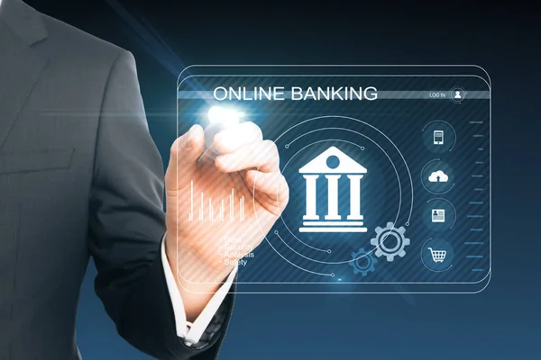 Businessman Pointing Abstract Glowing Interface Blurry Background Online Banking Internet — Stock Photo, Image