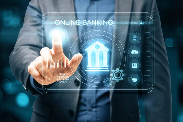 Businessman Clicking Abstract Glowing Interface Blurry Background Online Banking Internet — Stock Photo, Image