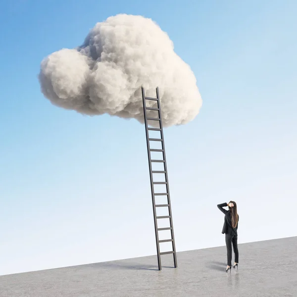 Επιχειρηματίας Κοιτάζοντας Σκάλα Που Οδηγεί Σύννεφο Στο Μπλε Φόντο Του — Φωτογραφία Αρχείου