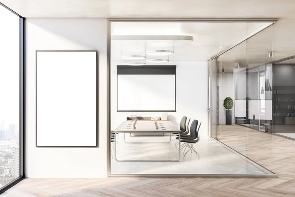 Vidro Brilhante Sala Reuniões Interior Com Móveis Equipamentos Vazio Simular — Fotografia de Stock