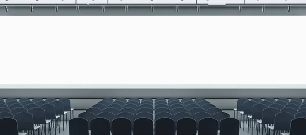 あなたの広告のためのモックの場所と座席と空の画面とパノラマグレーの講堂 初演とエンターテイメントのコンセプトを表示します 3Dレンダリング — ストック写真